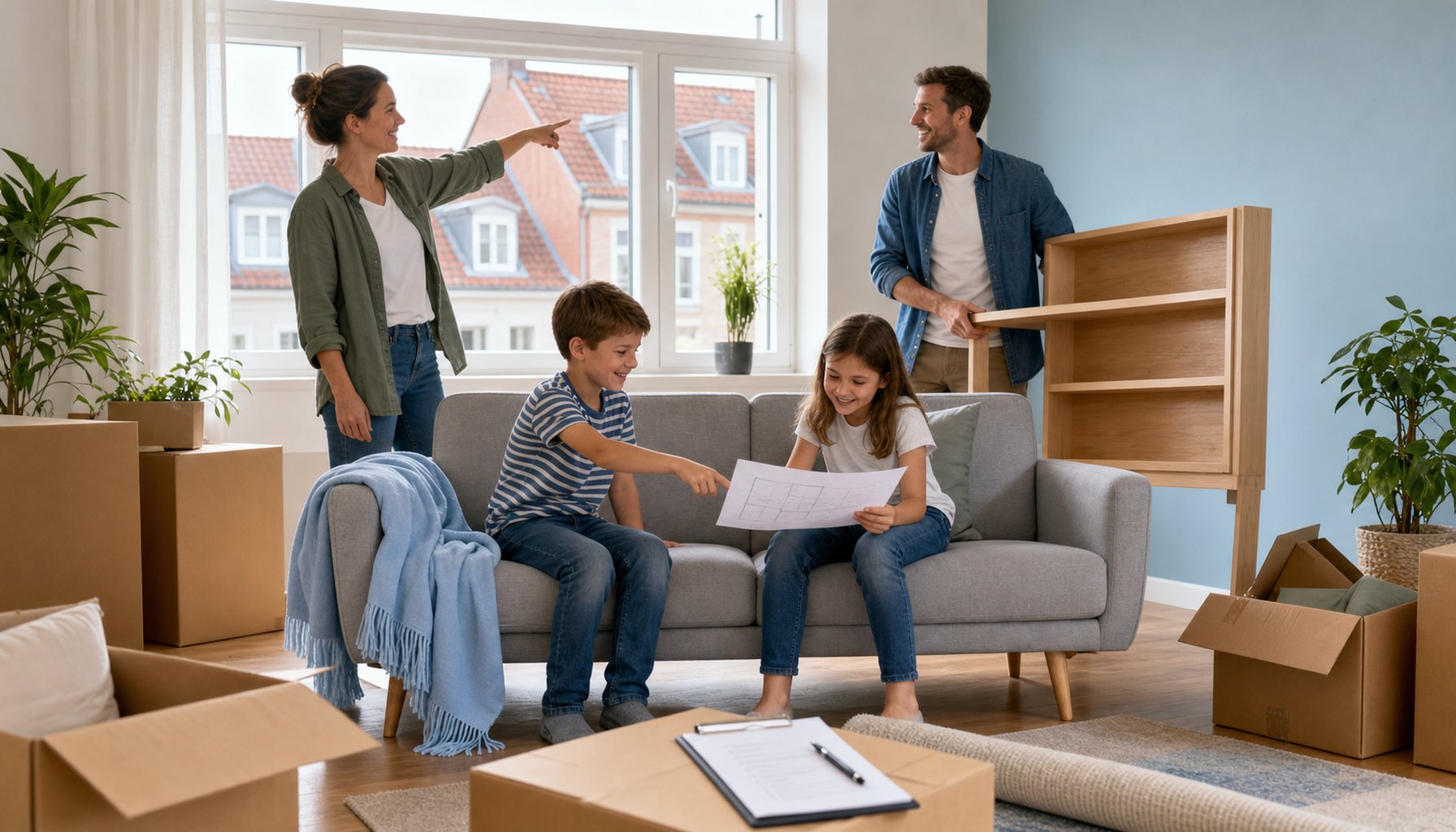 Familie Mitte 30 mit zwei Kindern in halb eingerichtetem Wohnzimmer einer neuen Wohnung; hellgraues Sofa, hellblaue Wolldecke und hellblaue Akzentwand als CI-Anker, alle lachen mit klar geöffneten Augen, draußen deutsche rote Tonziegel-Dächer sichtbar, Tageslicht.