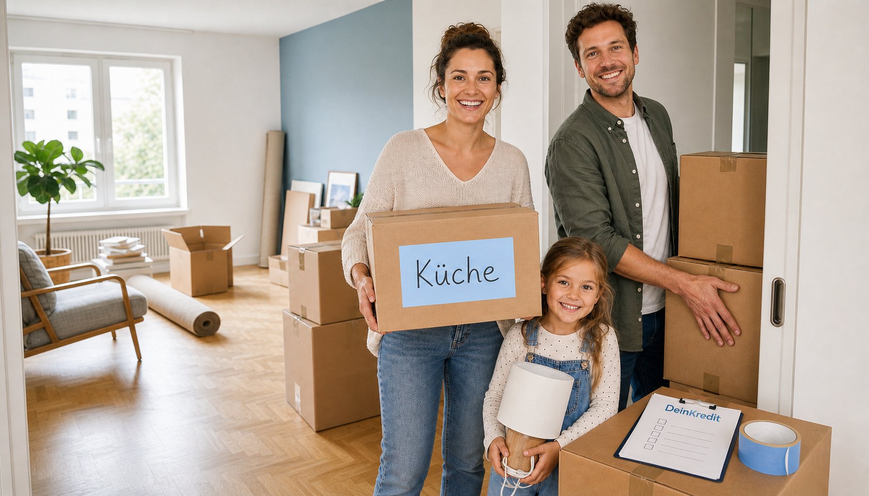 Junge deutsche Familie Anfang 30 mit Kind in heller Eingangshalle einer frisch gemieteten Wohnung; tragen beschriftete Umzugskartons, lächeln in die Kamera mit klar geöffneten Augen, hellblaues Karton-Label und hellblauer Wandakzent als CI-Anker, Tageslicht.