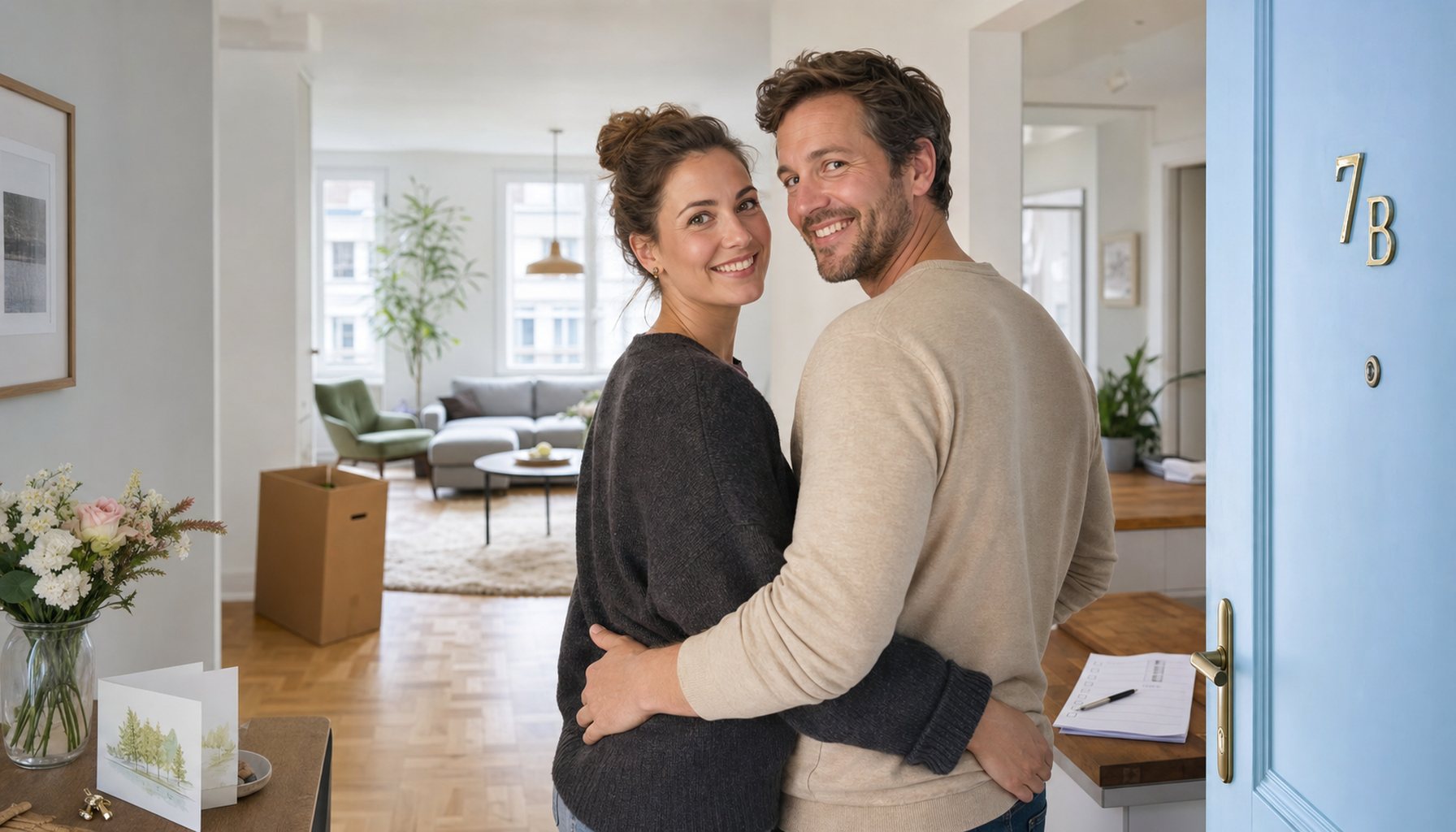 Paar Anfang/Mitte 30 steht in der Tür der frisch eingezogenen deutschen Wohnung, Arme locker umeinander, blickt zurück ins helle Wohnzimmer und teils in die Kamera; Türrahmen hellblau, Hausnummer 7B, anthrazitfarbener Strick und beiger Henley, klar geöffnete Augen, strahlendes Lächeln, Tageslicht.