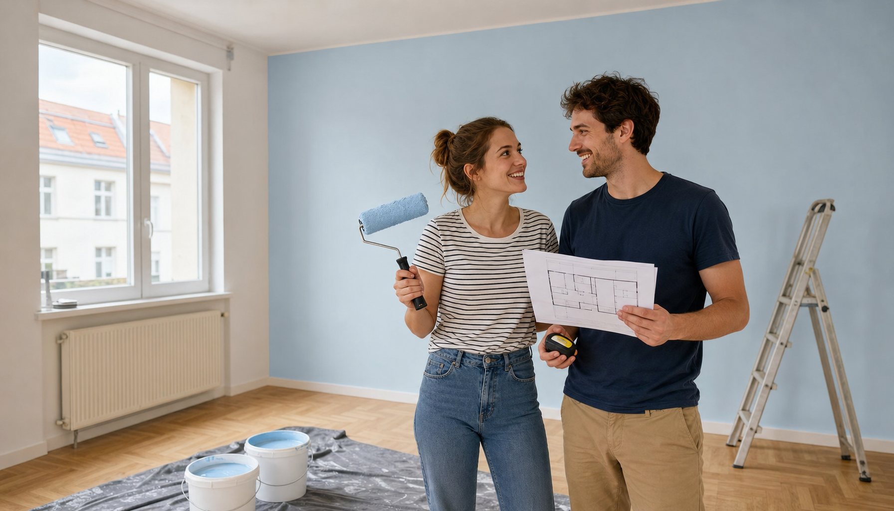 Junges Paar Ende 20 / Anfang 30 in frisch gestrichener leerer deutscher Wohnung; Frau mit Farbrolle mit hellblauer Farbe (CI-Anker) an Wand, Mann mit Grundriss und Maßband, eine Wand bereits hellblau, andere weiß, klar geöffnete Augen, lächeln sich an, Tageslicht durch hohes Fenster mit Rollladenkasten.