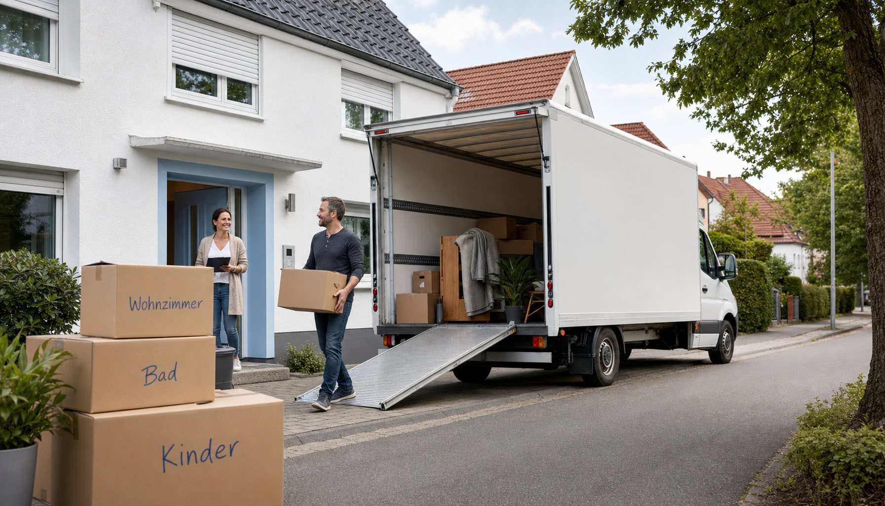 Generischer weißer Umzugswagen ohne Marken-Logos vor einem typisch deutschen Doppelhaus mit anthrazitgrauen Tonziegeln und weißen Fensterrahmen; Mann Anfang 40 trägt Karton zum Eingang, Frau mit Klemmbrett steht an hellblauer Haustür, beide klar geöffnete Augen, Tageslicht.