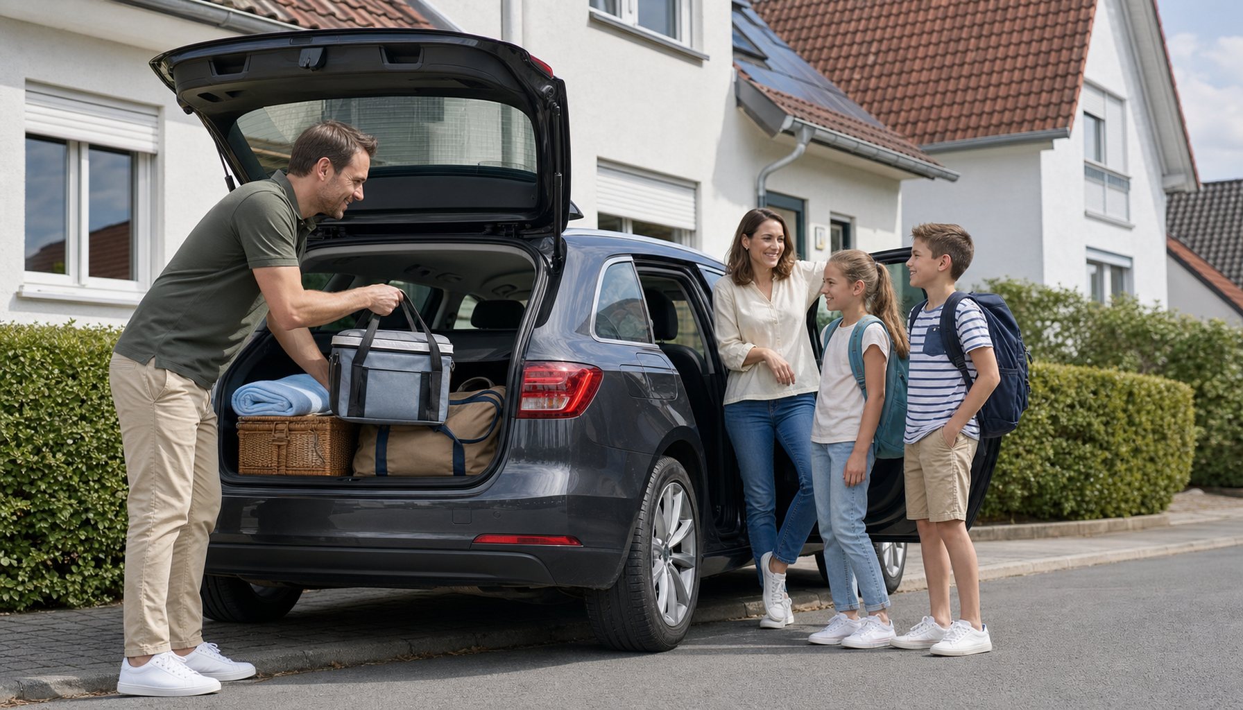 Vierköpfige Familie belädt einen anthrazitfarbenen Kombi vor einem deutschen Reihenhaus für den Sommerurlaub; alle vier mit klar geöffneten Augen und natürlichem Lächeln, hellblaues Strandtuch im Kofferraum als CI-Anker, generische Karosserie ohne Marken-Logos.