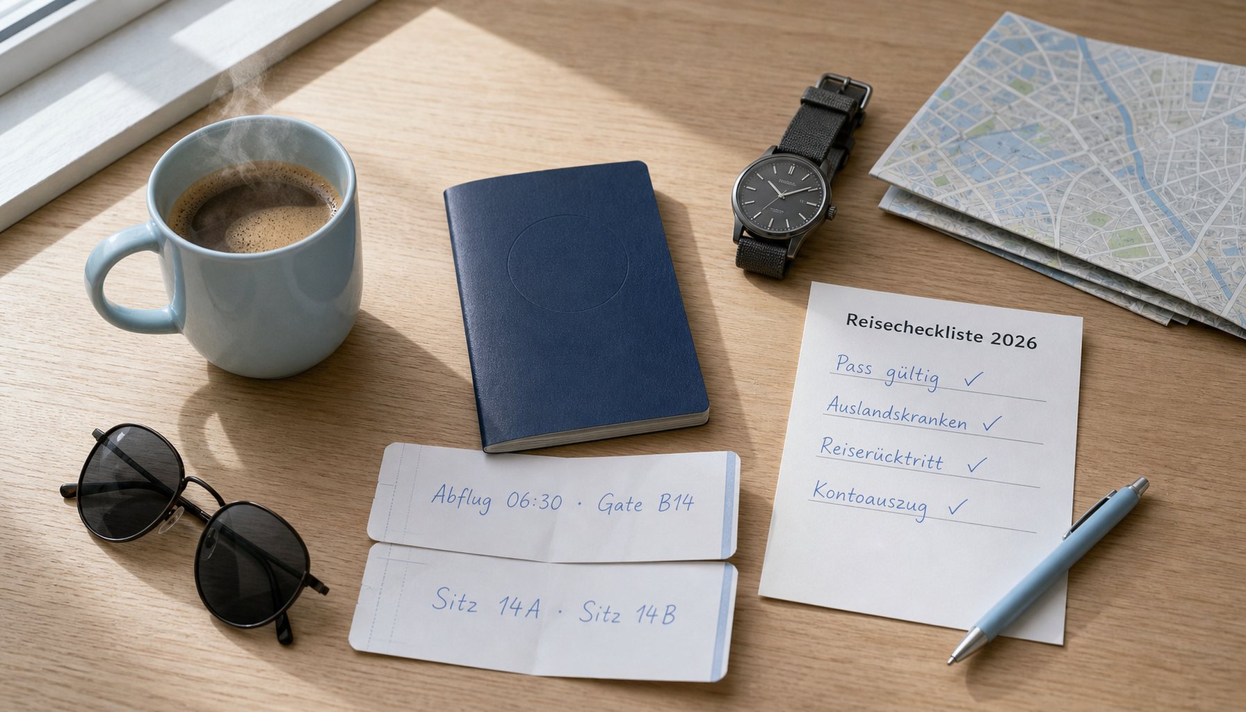 Top-Down-Stillleben auf hellem Holzschreibtisch: generischer dunkelblauer Reisepass ohne Beschriftung, zwei handschriftlich beschriftete Boarding-Pass-Slips, Reisecheckliste mit hellblauen Häkchen, hellblaue Kaffeetasse als CI-Anker, neutrale Sonnenbrille und Stadtplan ohne lesbare Marken.