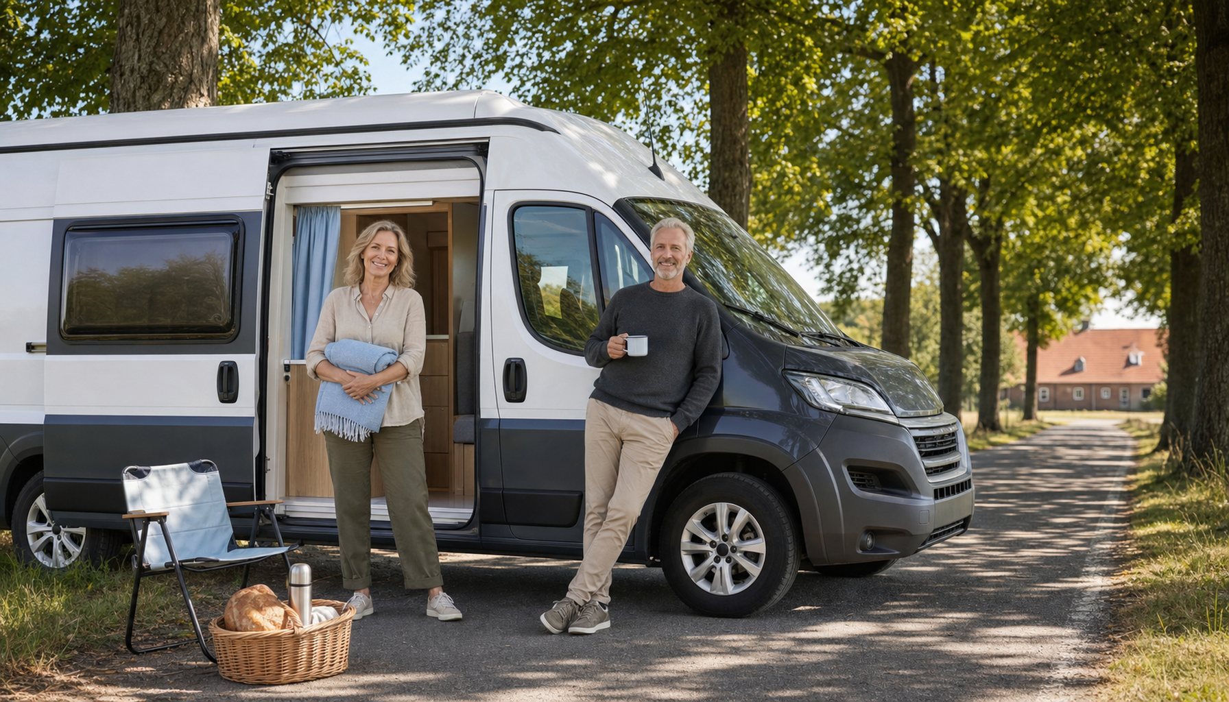 Generisches anthrazit-weißes Wohnmobil ohne Marken-Logos auf einer ruhigen deutschen Landstraße, gesäumt von hohen Sommerbäumen; Paar Ende 50 / Anfang 60 daneben mit klar geöffneten Augen und natürlichem Lächeln, hellblaue Gardine im Wohnmobil als CI-Anker, rote Tonziegel-Hofdach im Hintergrund.