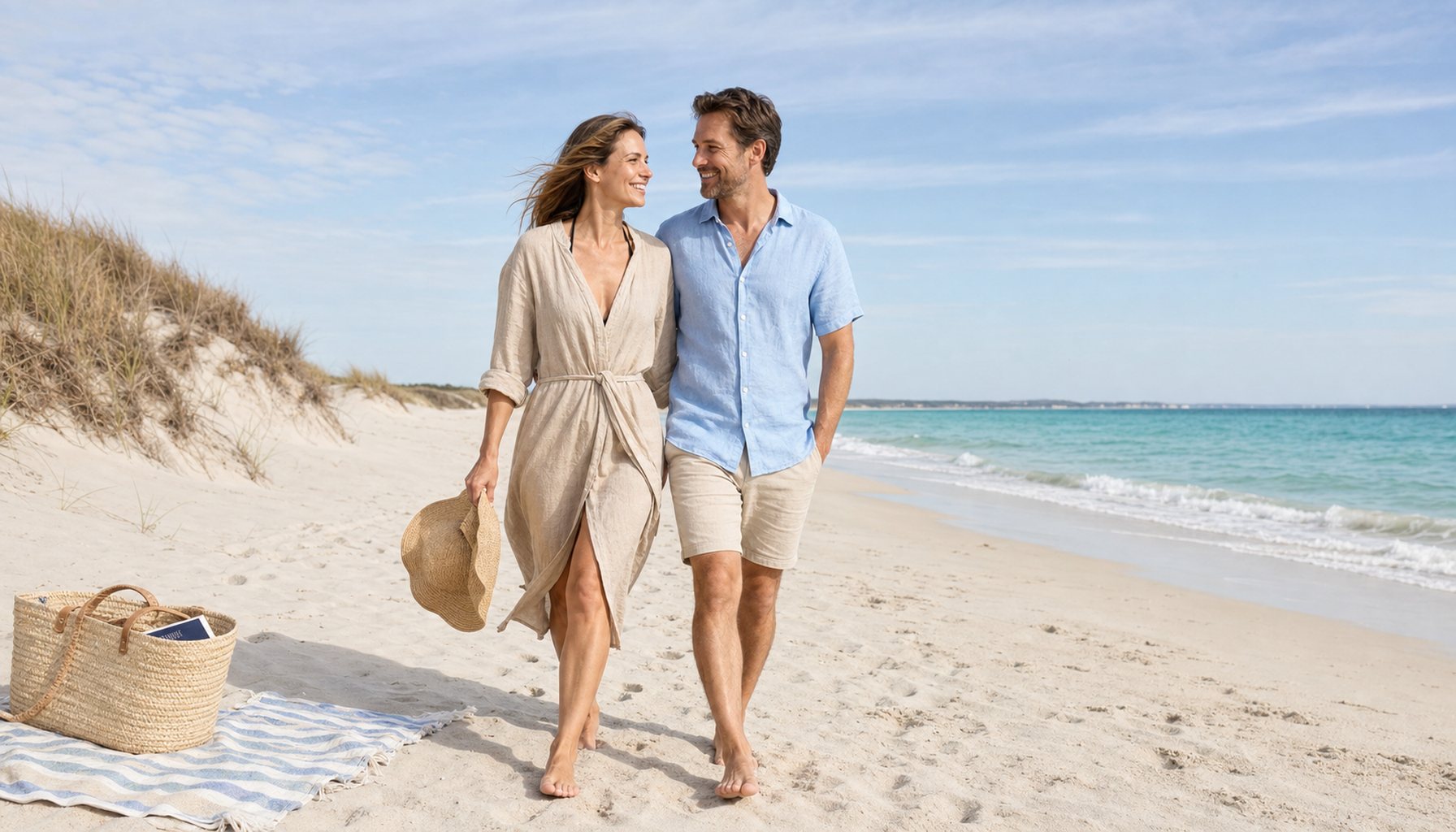 Paar Anfang 40 läuft barfuß an einem ruhigen Strand entlang; klar geöffnete Augen, ruhiges Lächeln, beige Strandbluse und hellblaues Hemd als CI-Anker, generische Küstenlandschaft ohne Wahrzeichen.