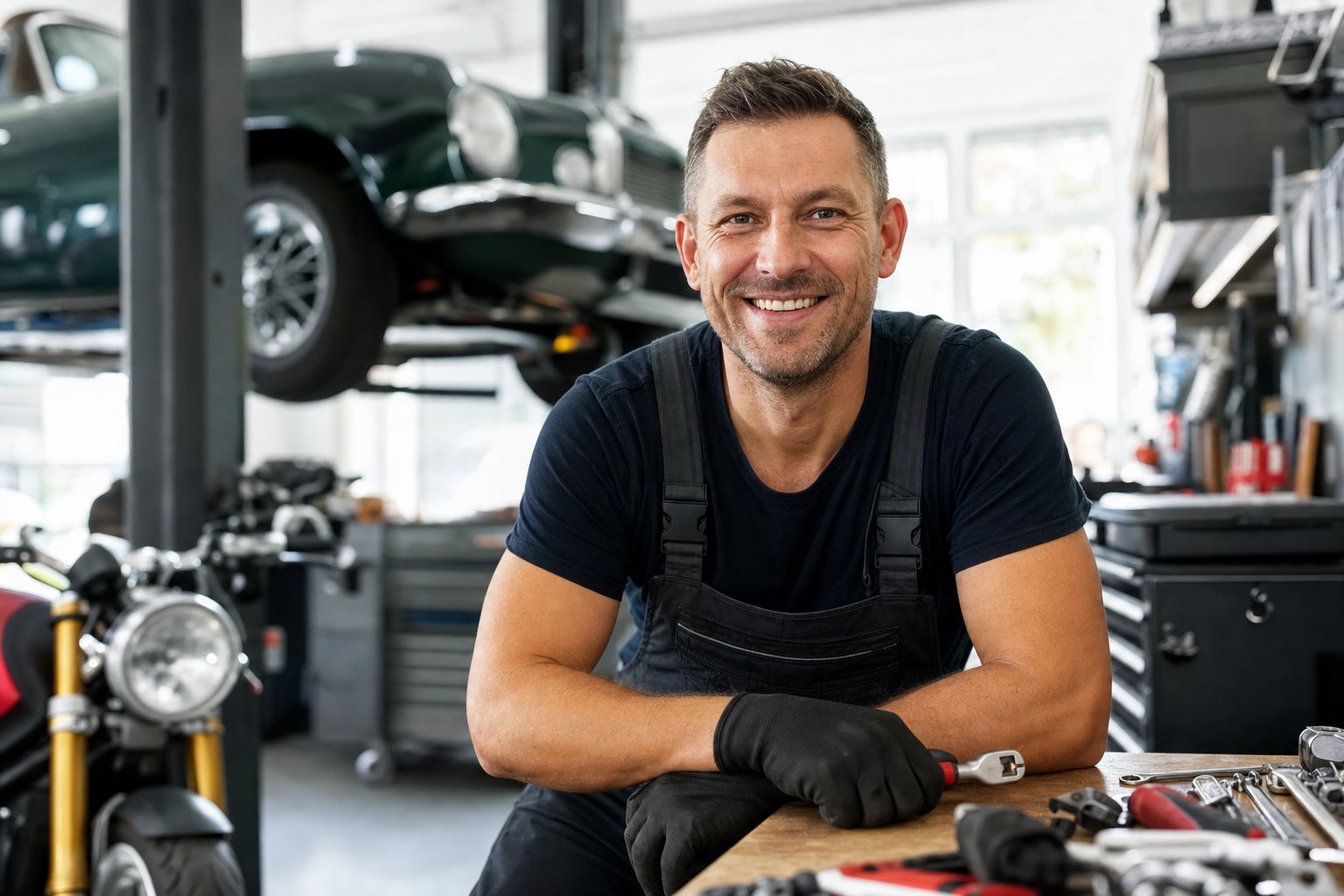 Mann Ende 50 in eigener Hobby-Garage, generische Zwei-Säulen-Hebebühne ohne Marken-Logos im Hintergrund; arbeitet an der Werkbank, ruhiges Lächeln, klar geöffnete Augen, kleine Tafel mit hellblauer Kreide 'Hebebühne · Schweißplatz · Esse' als CI-Anker.