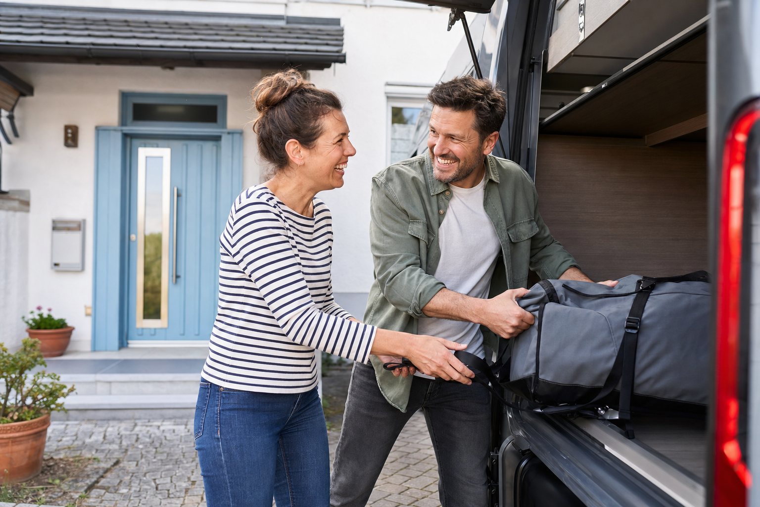 Paar Anfang 50 vor einem generischen kompakten Wohnmobil ohne Hersteller-Logos auf der Kies-Einfahrt eines kleinen deutschen Einfamilienhauses; planen gemeinsam die Route auf einer Papier-Karte, lachen sich an mit klar geöffneten Augen, hellblaue Haustür als CI-Anker.