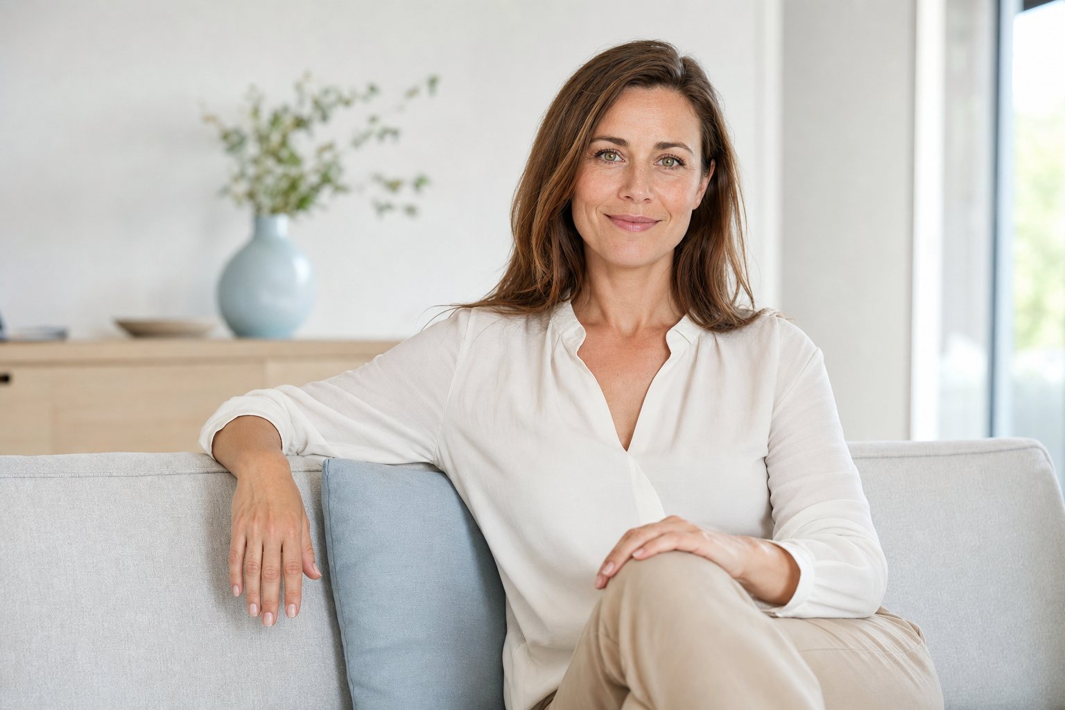 Selbstbewusste Frau um die 40 sitzt entspannt auf einem hellen Sofa in einem modernen, ruhigen Wohnraum und blickt gelassen in die Kamera - Sinnbild für eine diskrete, selbstbestimmte Entscheidung.