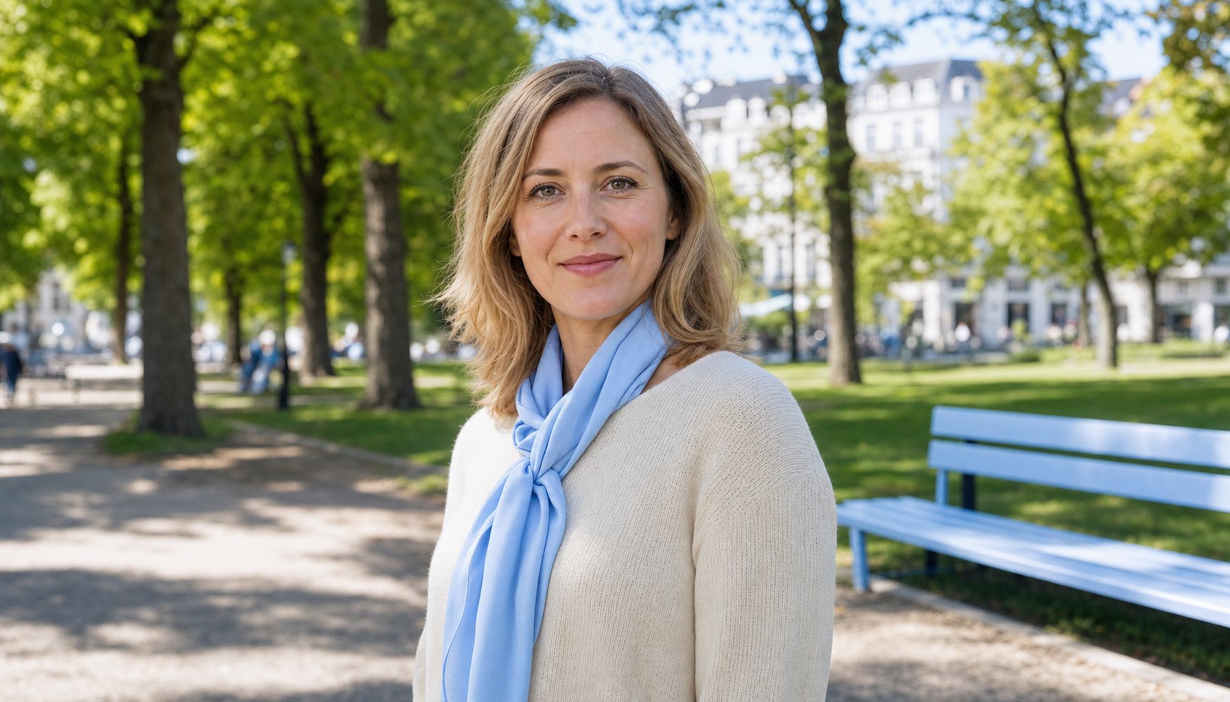 Frau Anfang 30, dunkelblonde schulterlange Haare, ruhiges natürliches Lächeln mit klar geöffneten Augen, schlichter cremefarbener Strickpullover; steht selbstbewusst in einem hellen deutschen Stadtpark, hellblaue Akzente an Schal und Holzbank im Hintergrund als CI-Anker.