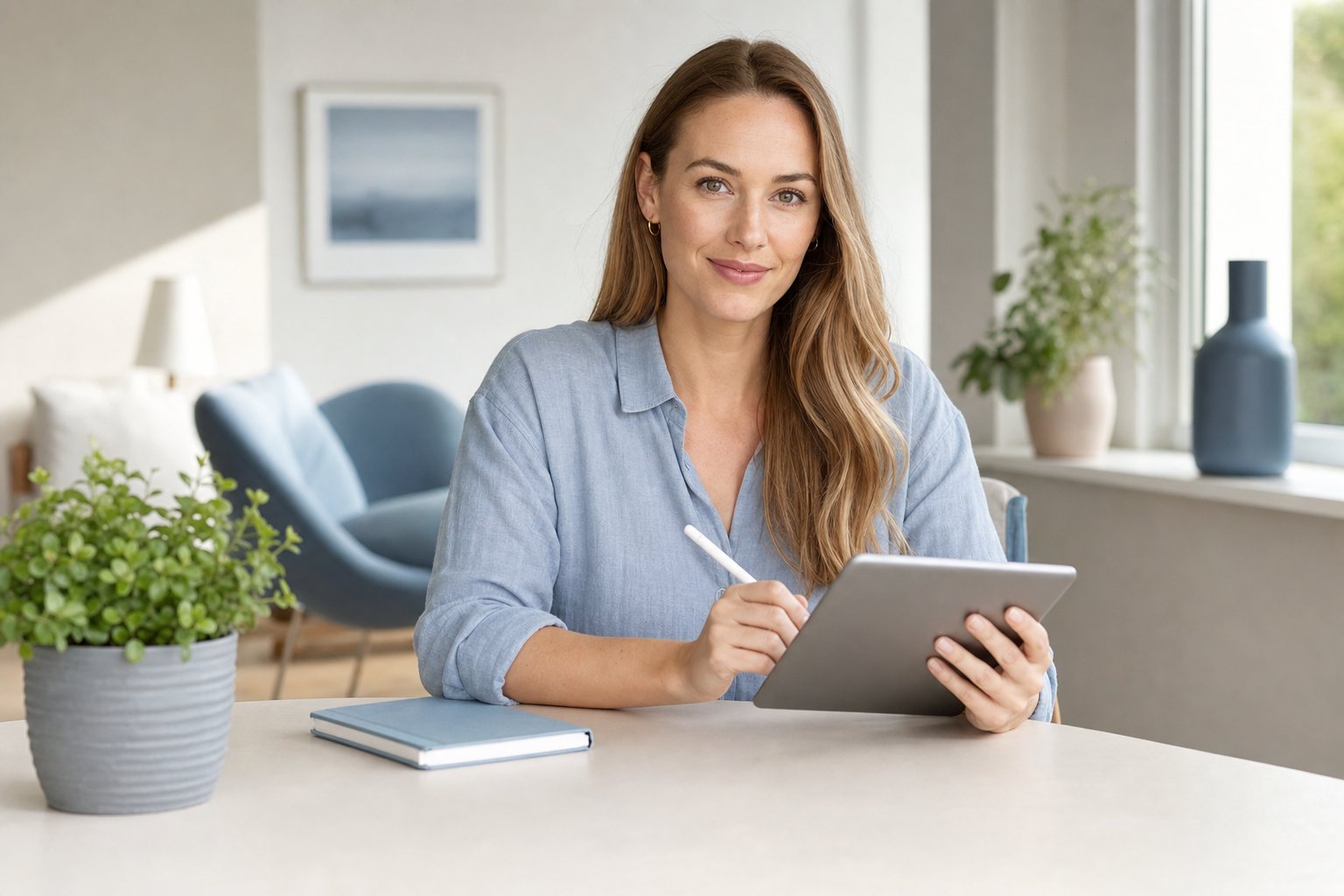 Frau Anfang 30 plant entspannt ihre Finanzierung am Tablet, an einem eleganten Tisch in einem hellen, modernen Raum mit ruhiger Ästhetik.