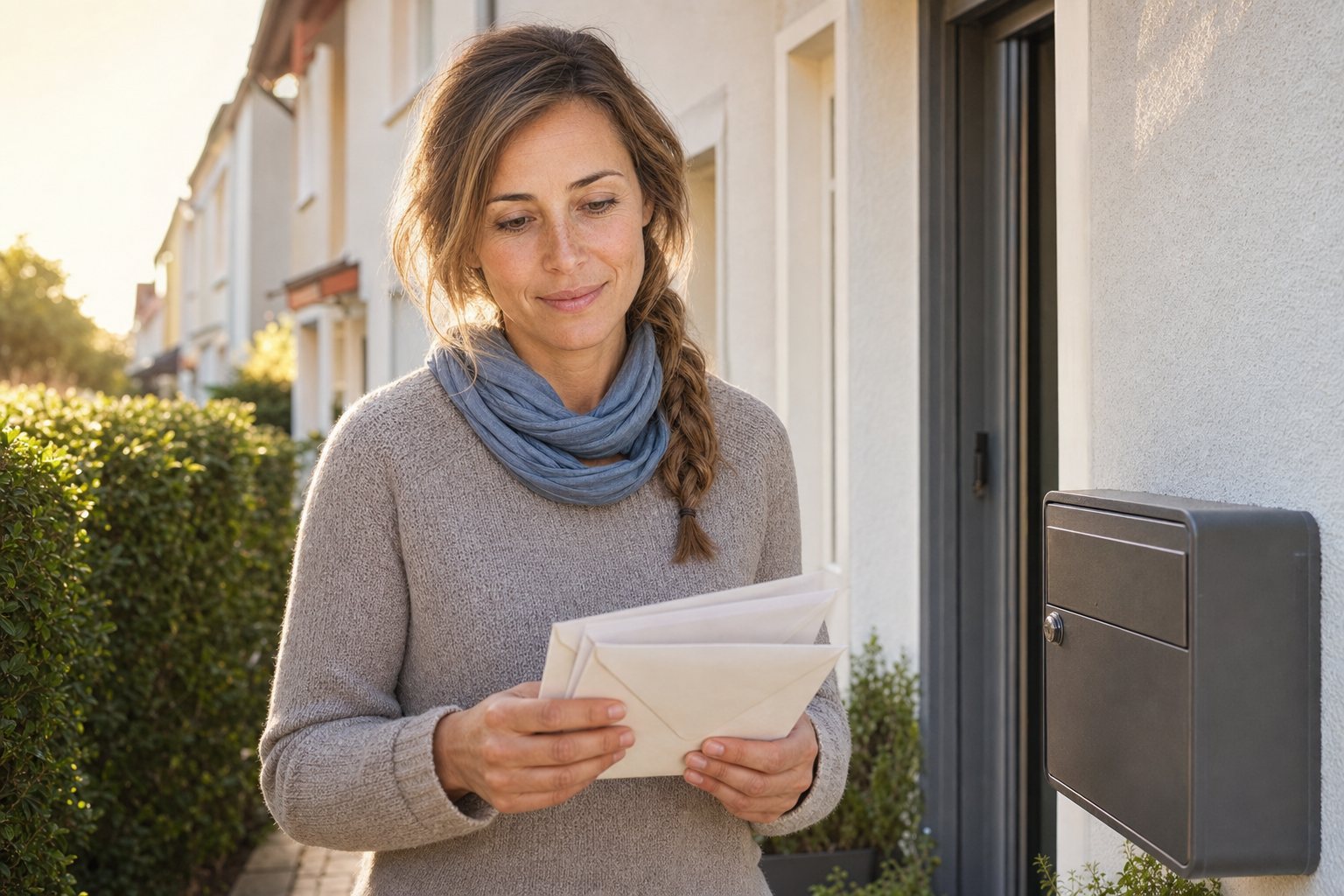 Frau liest einen Brief neben ihrem Briefkasten
