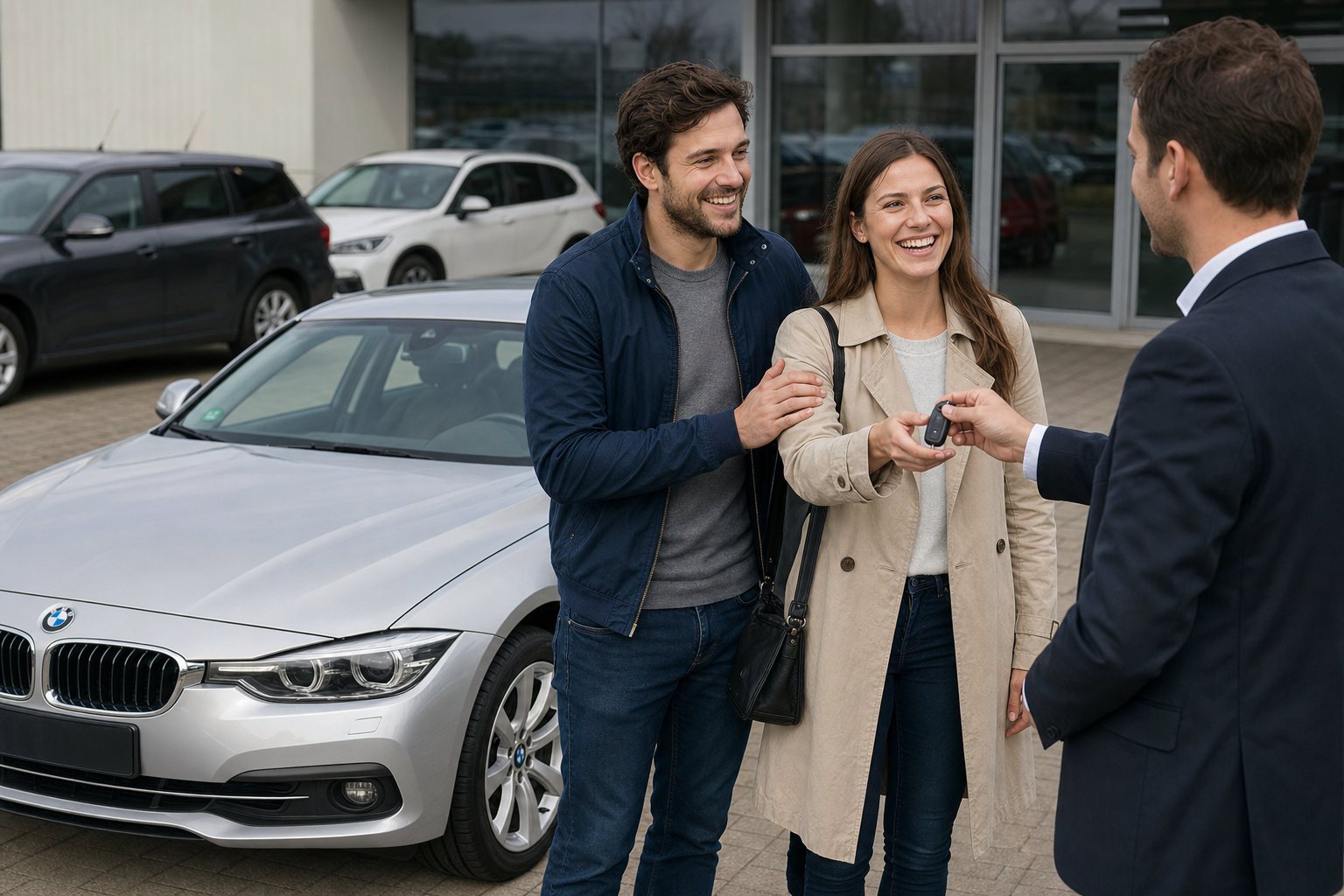 Paar nimmt freudig den Autoschluessel vor einem BMW entgegen
