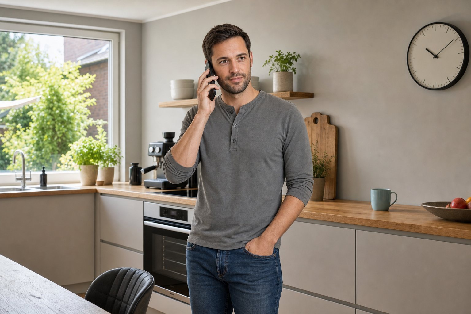 Mann führt zuhause ein telefonisches Beratungsgespräch am Fenster