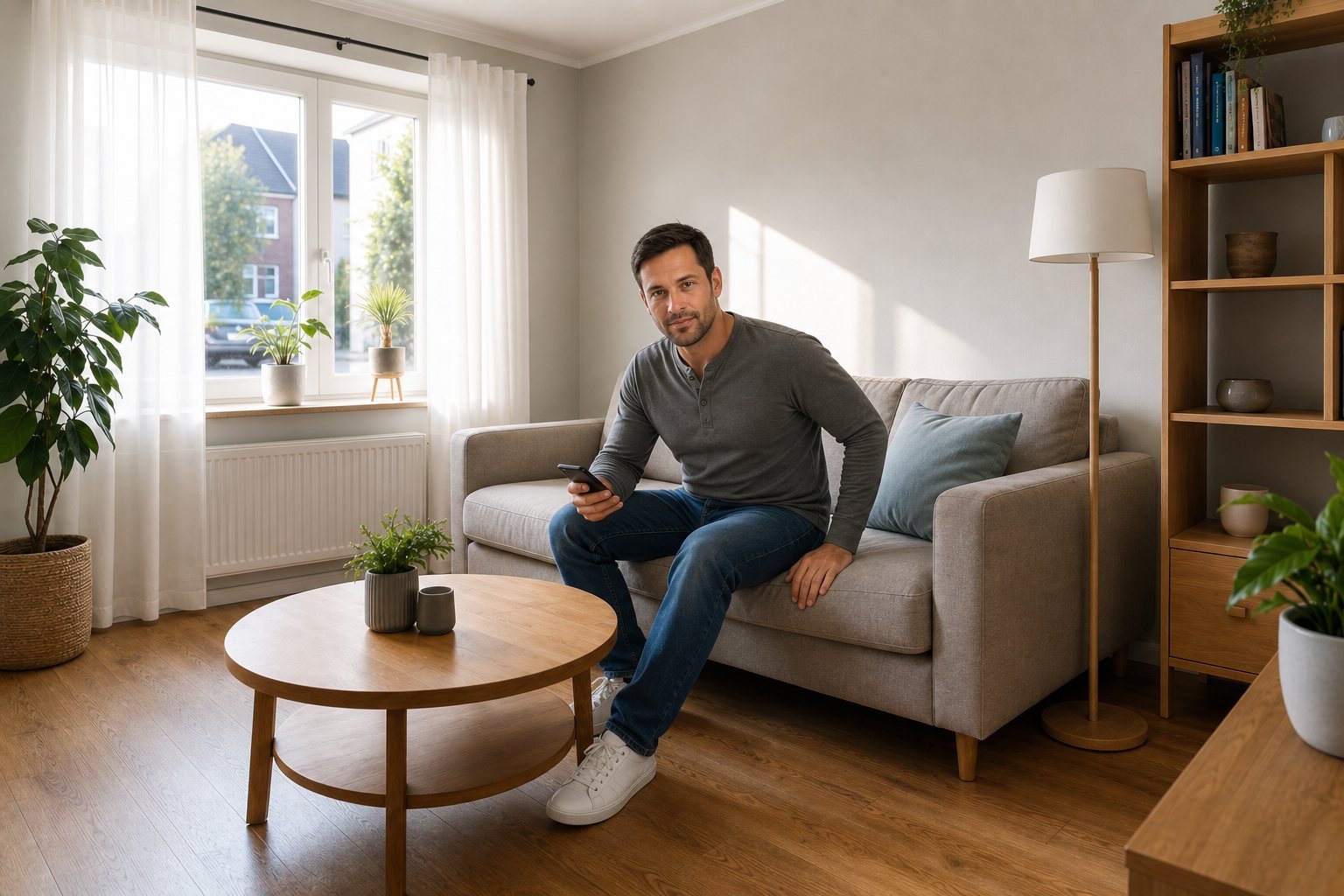 Mann sitzt nach dem Gespräch mit dem Handy auf dem Sofa