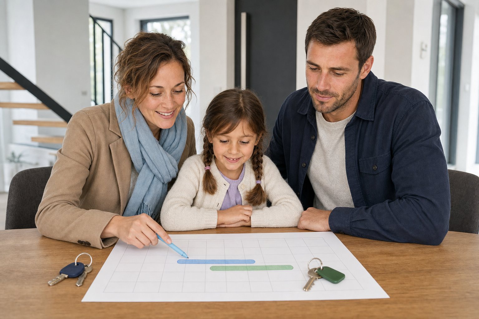 Drei Personen planen zwei Wohnungszeiträume mit zwei Schlüsselringen