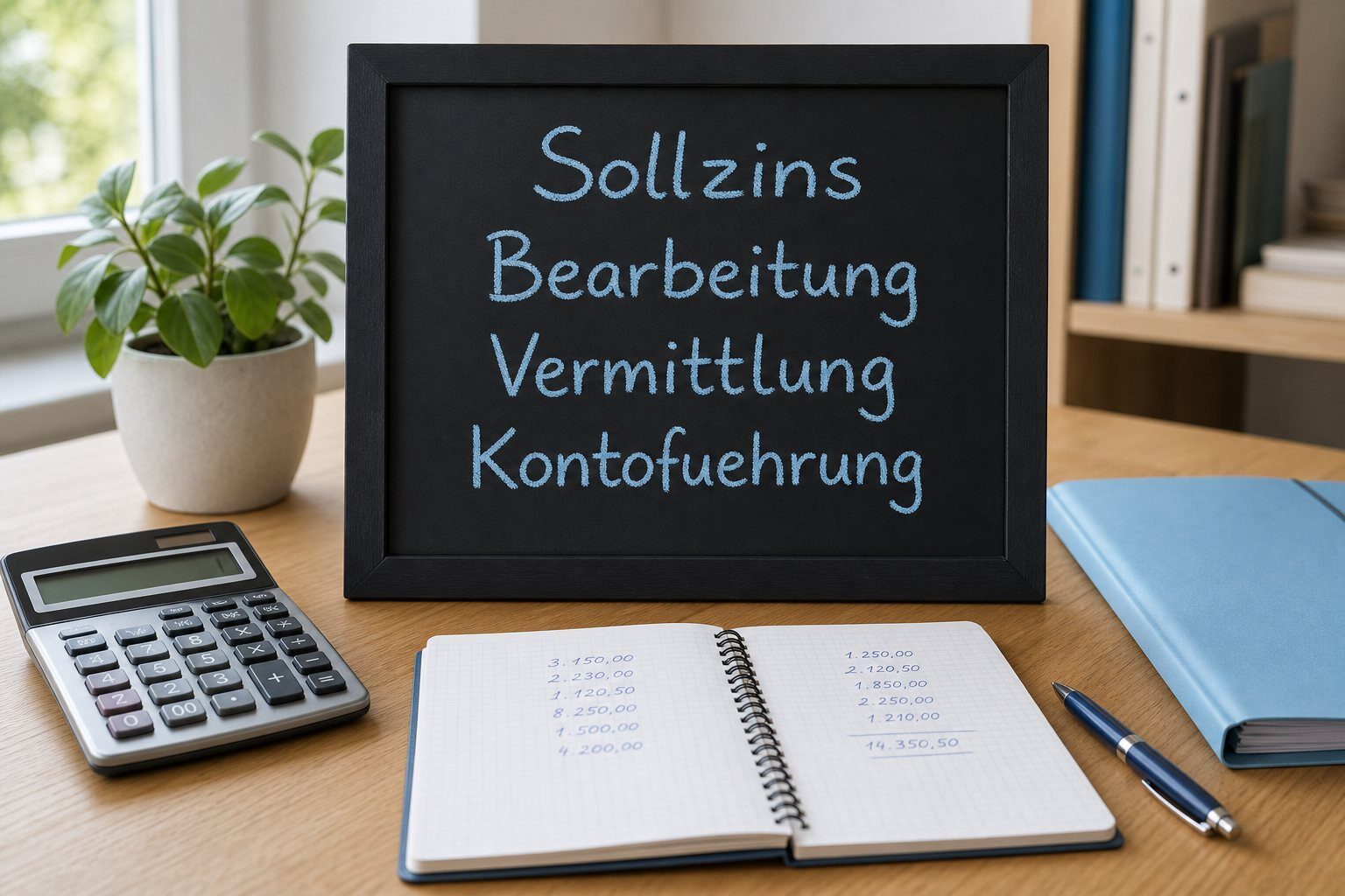 Stillleben auf hellem Eichentisch: Kreditvertrag mit hellblauem Briefkopf, einzelne Kostenpositionen und hervorgehobene Schluss-Prozentzahl, ausgeschalteter Taschenrechner, hellblaue Mappe.