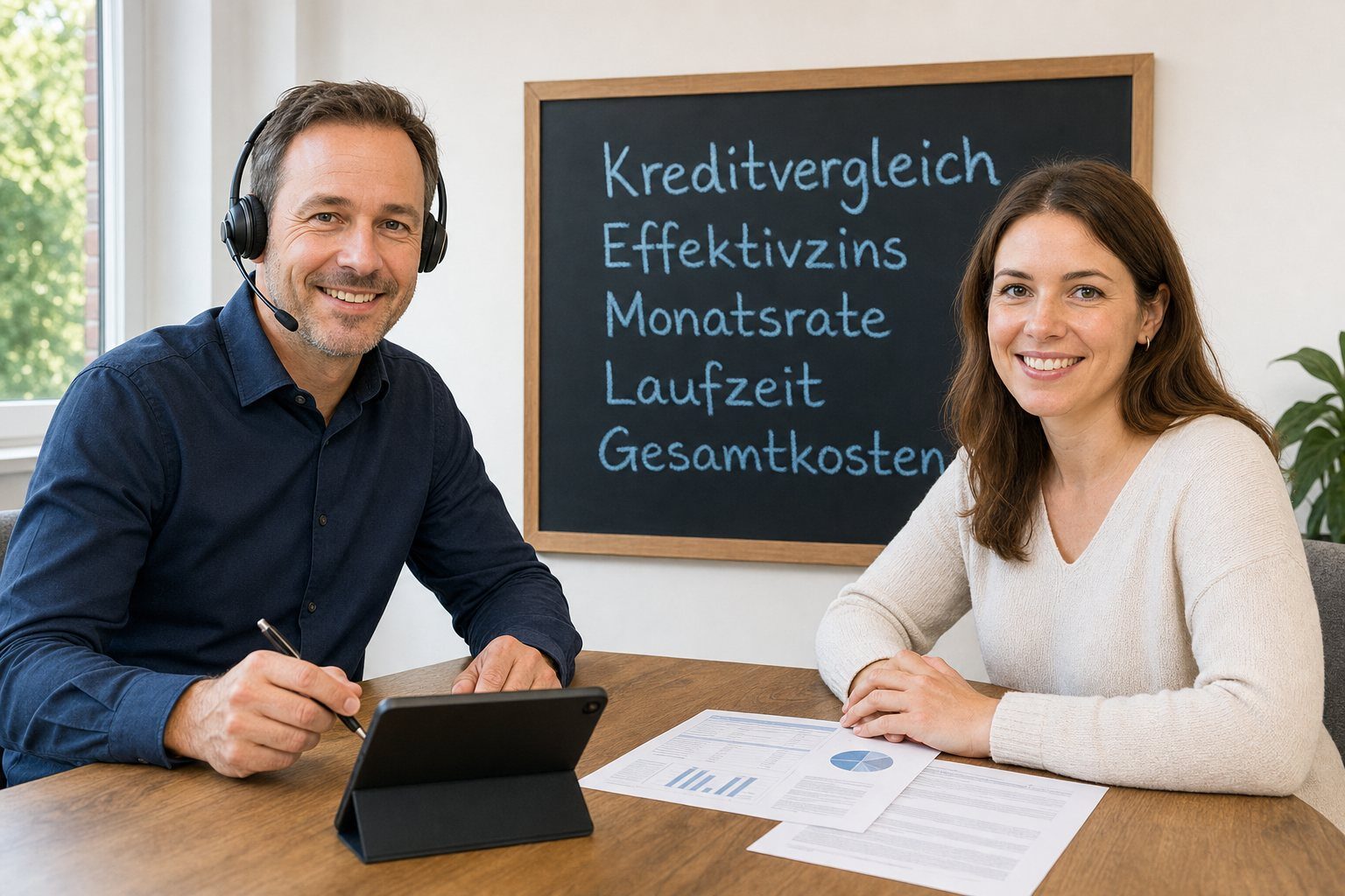 Freundlicher Berater im Navy-Pullover mit Headset im hellen Büro erklärt einem Kunden ein Kreditangebot, Tablet flach auf dem Tisch, Vergleichsblätter, hellblaue Mappe, Tafel mit hellblauer Kreide im Hintergrund.