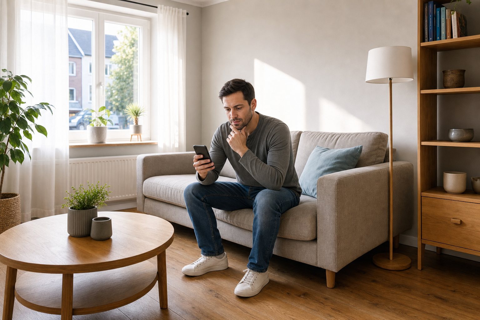 Mann liest aufmerksam eine Nachricht auf dem Smartphone