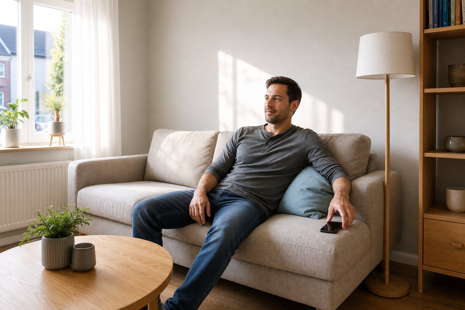 Mann legt das Smartphone weg und atmet am Tisch durch