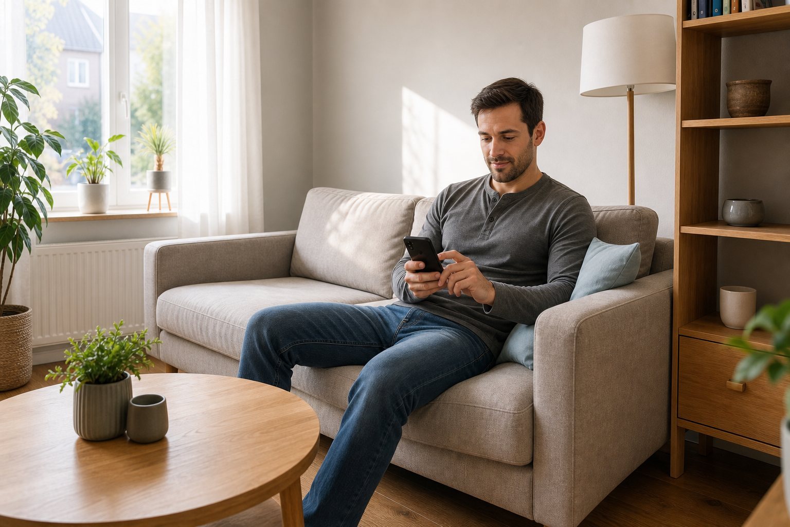 Mann lädt ein vorbereitetes Dokument mit dem Smartphone hoch