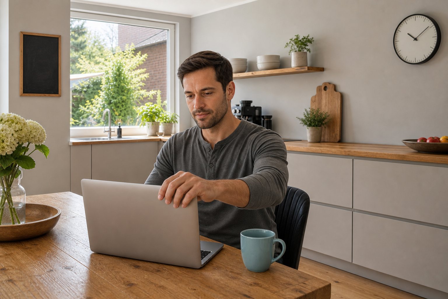 Mann öffnet zuhause einen Laptop am Esstisch für die zeitliche Planung