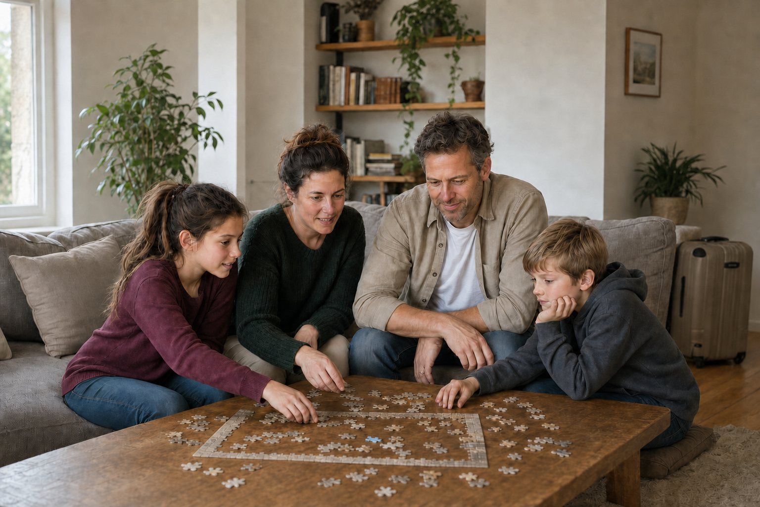 Zwei Erwachsene und zwei Kinder legen gemeinsam ein Puzzle am Tisch
