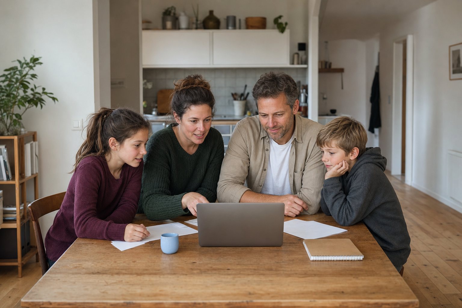 Zwei Erwachsene und zwei Kinder betrachten gemeinsam einen Laptop am Tisch