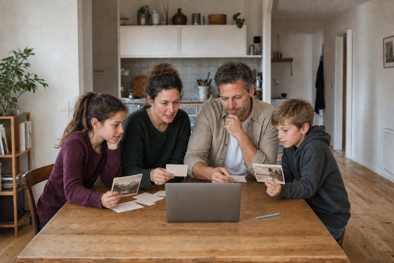 Zwei Erwachsene und zwei Kinder halten Papierzettel neben einem Laptop