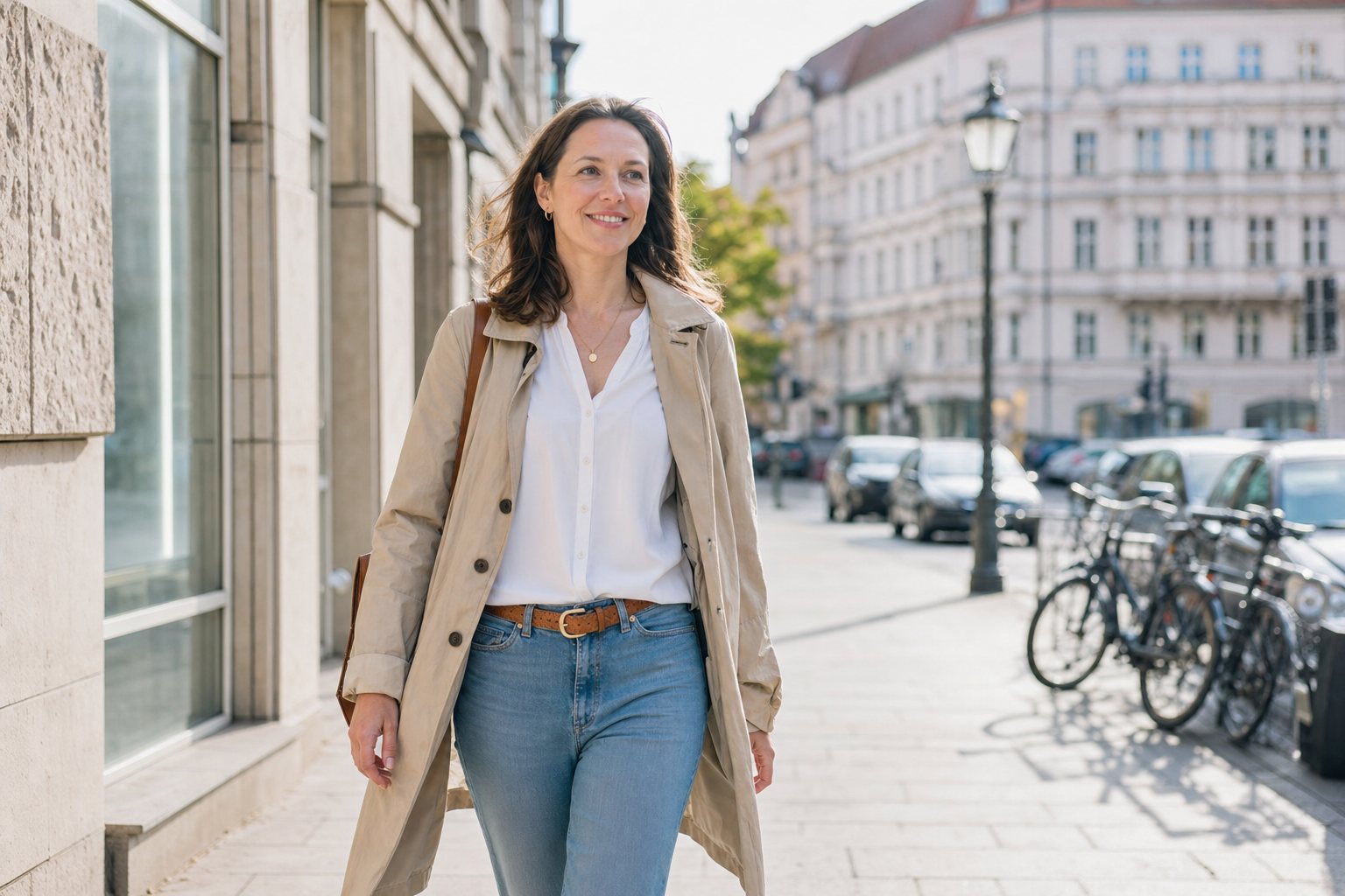Frau geht aufrecht und optimistisch durch die Stadt