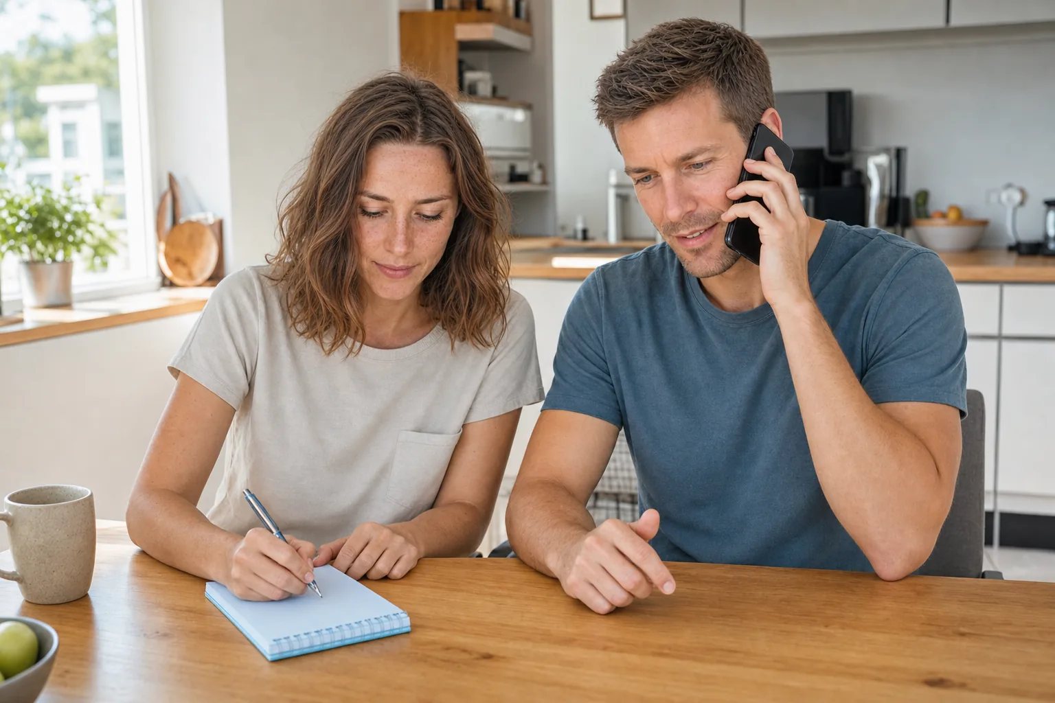Paar bespricht Konditionen telefonisch und hält Notizen fest