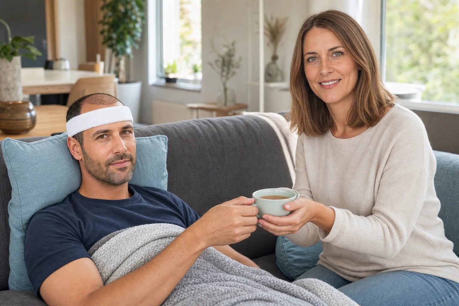 Mann mit Stirnband erholt sich mit einer Tasse auf dem Sofa