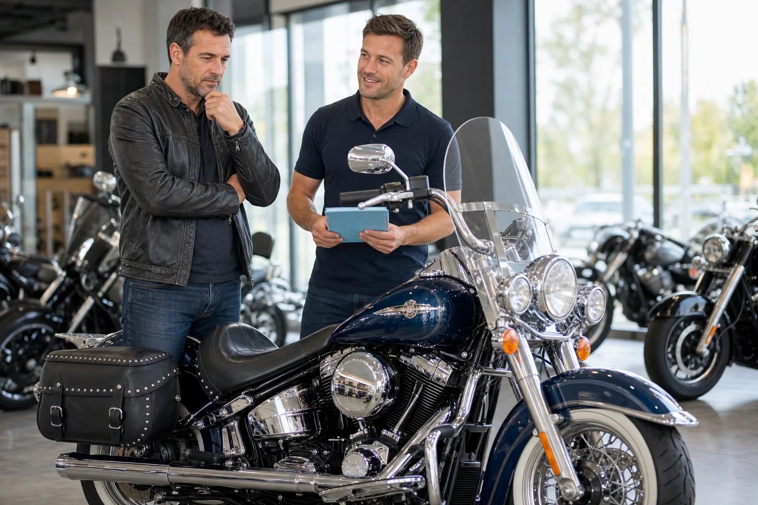 Zwei Männer besprechen ein schweres Motorrad in einem Verkaufsraum