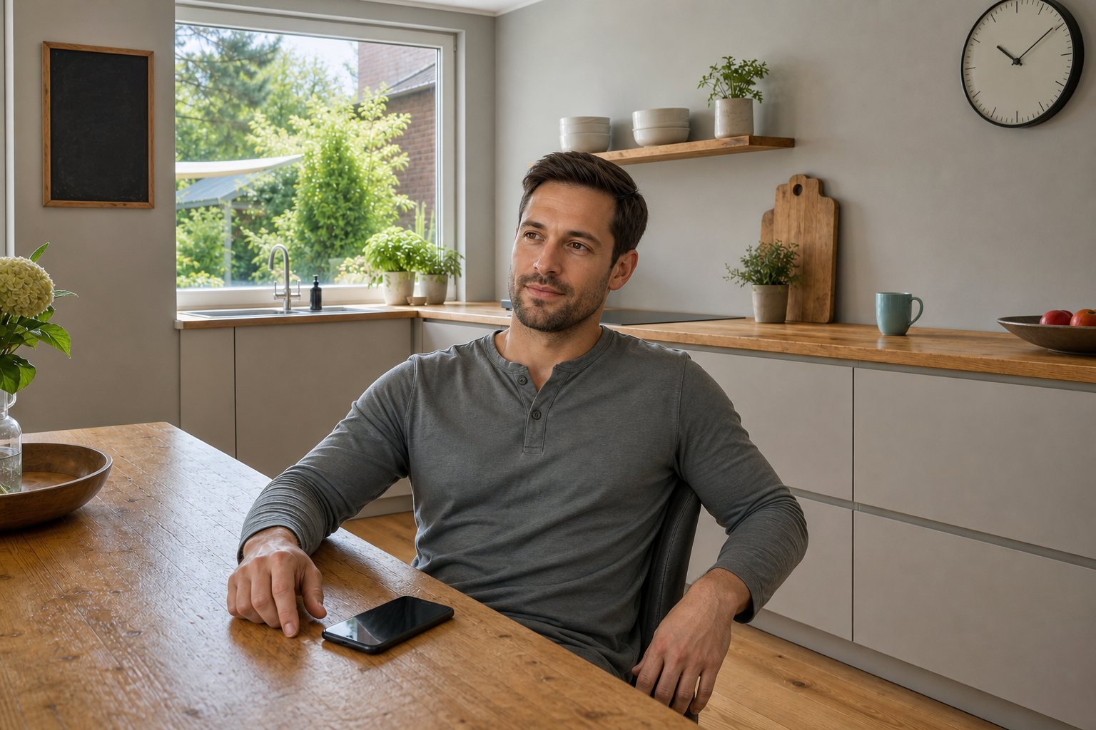 Mann sitzt nachdenklich mit einem Smartphone am Küchentisch