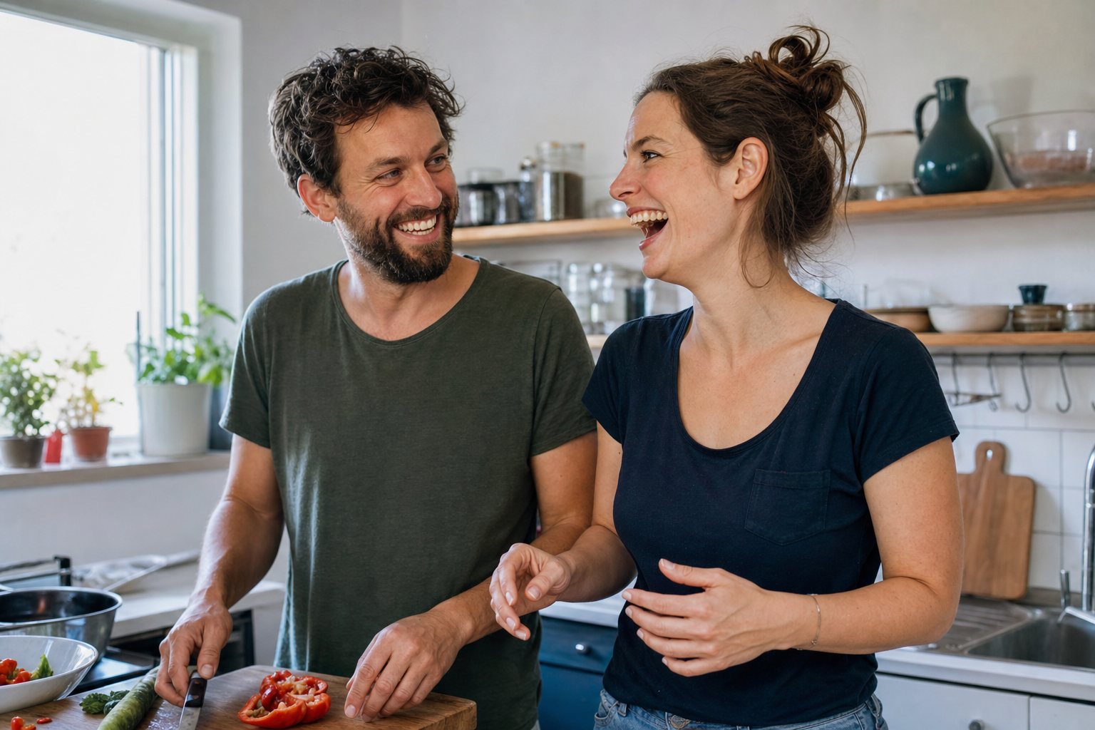 Paar lacht befreit zusammen in der Küche