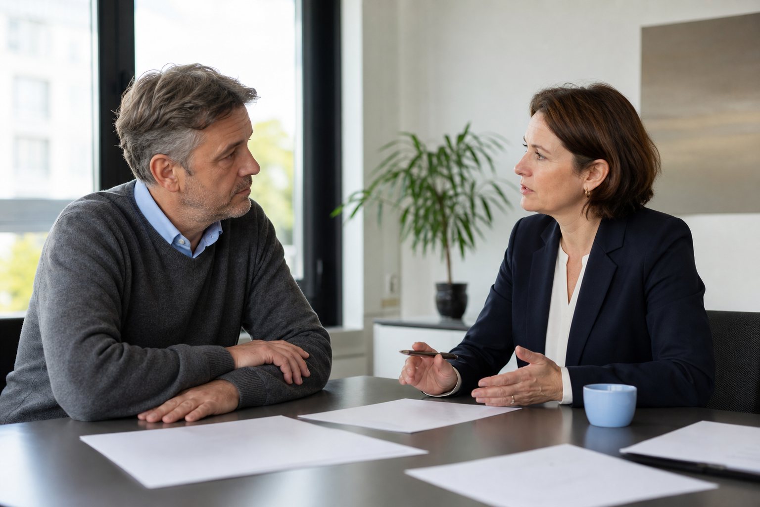 Kunde und Berater besprechen in einem hellen Büro sachlich den tatsächlichen Bargeldbedarf