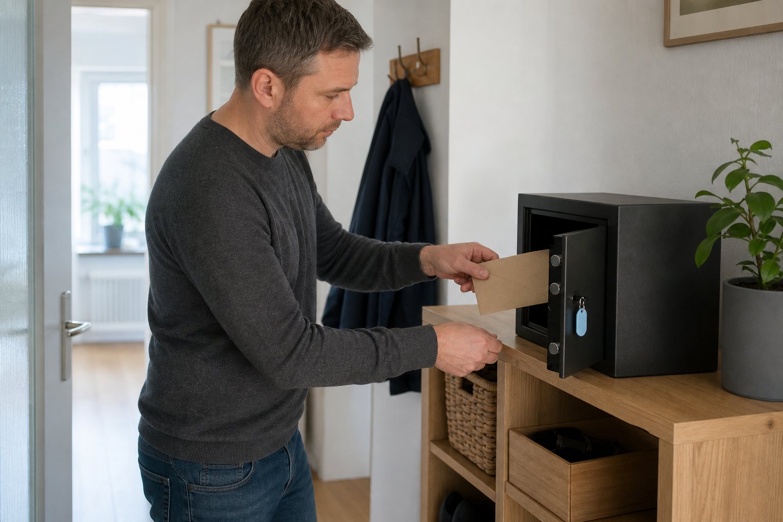 Erwachsene Person legt einen geschlossenen Umschlag in eine kleine verschließbare Geldkassette