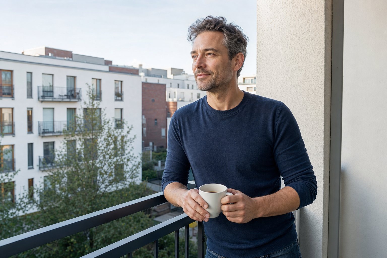 Mann steht morgens zuversichtlich mit Kaffee auf dem Balkon