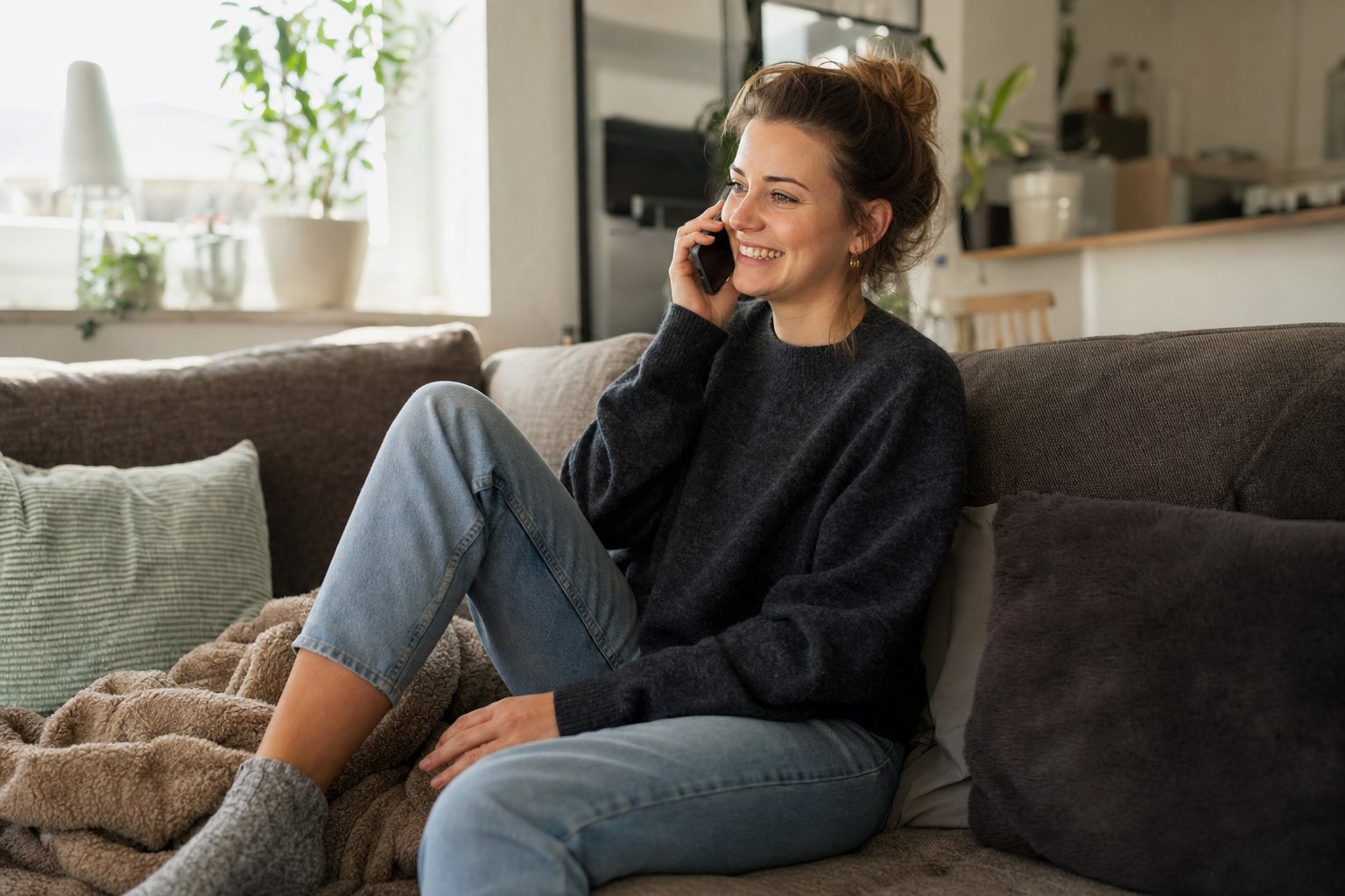 Laechelnde Frau telefoniert auf der Couch