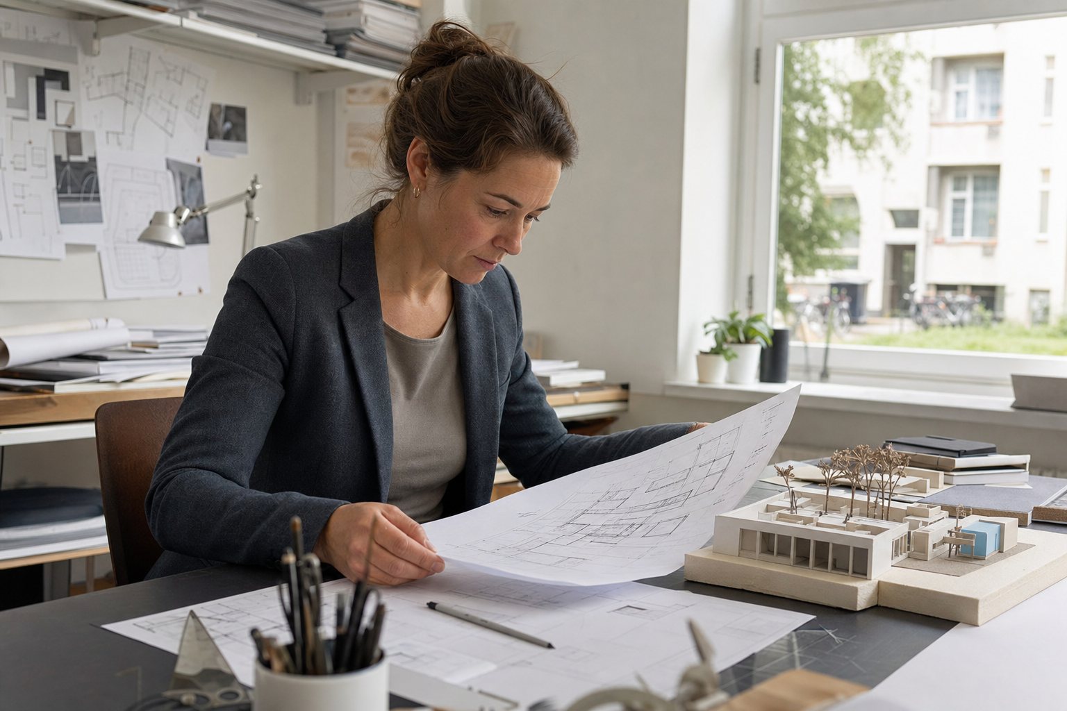 Freiberufliche Architektin arbeitet konzentriert an einem Entwurf