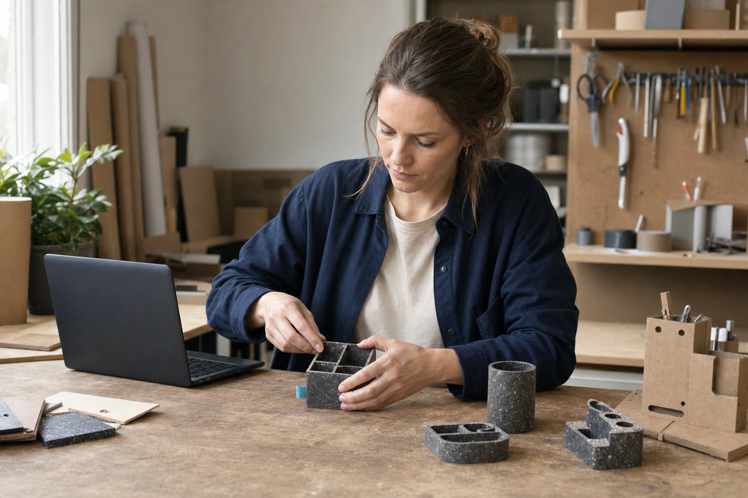 Gründerin arbeitet in ihrem kleinen nachhaltigen Designstudio