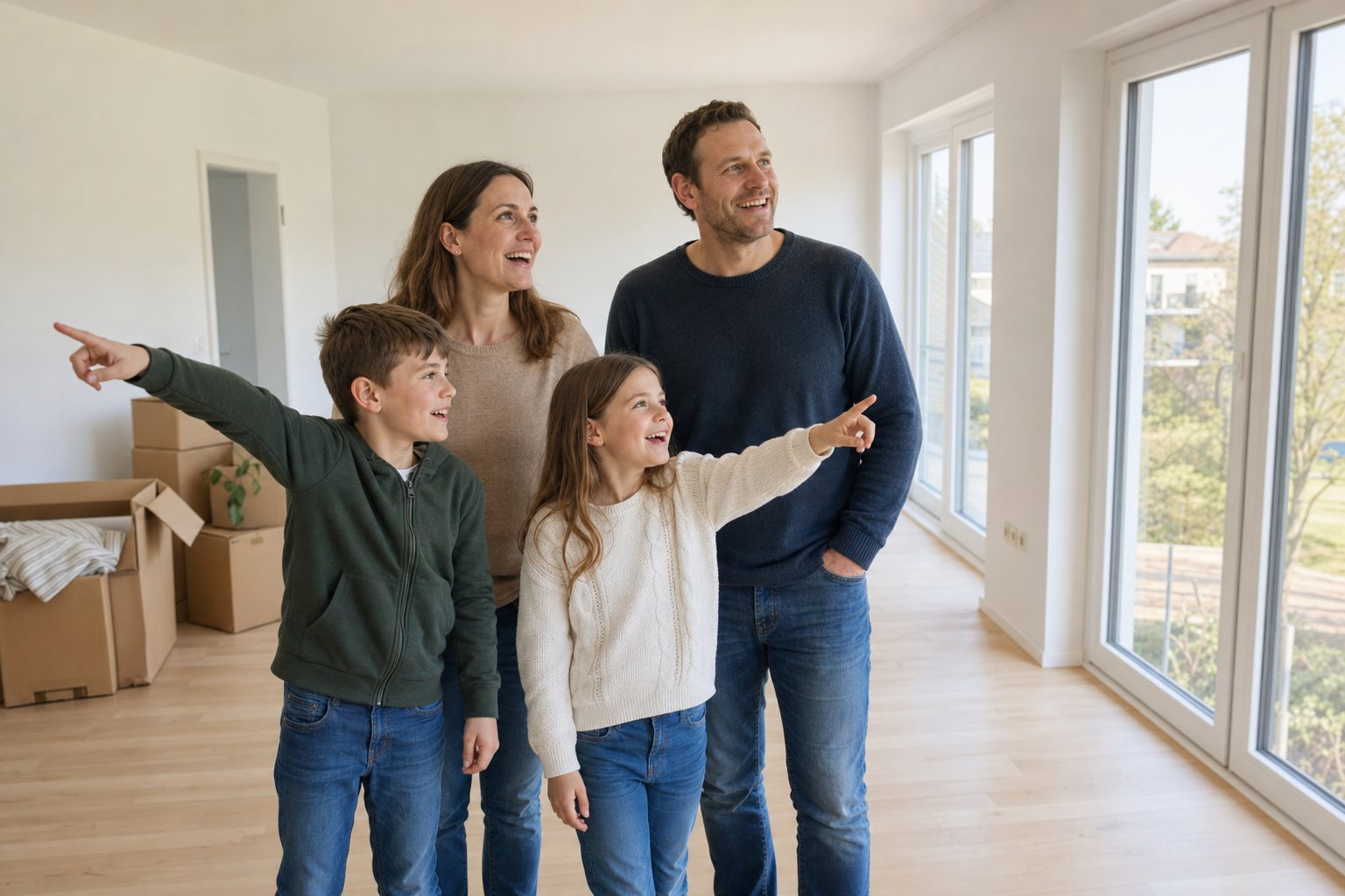 Familie steht begeistert in der leeren neuen Wohnung