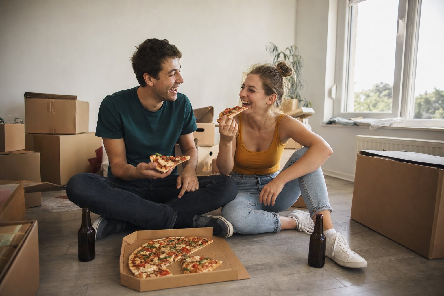 Paar isst lachend Pizza zwischen Umzugskartons