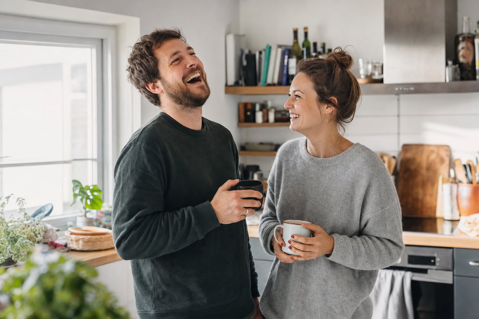 Lachendes Paar mit Kaffee in der Kueche