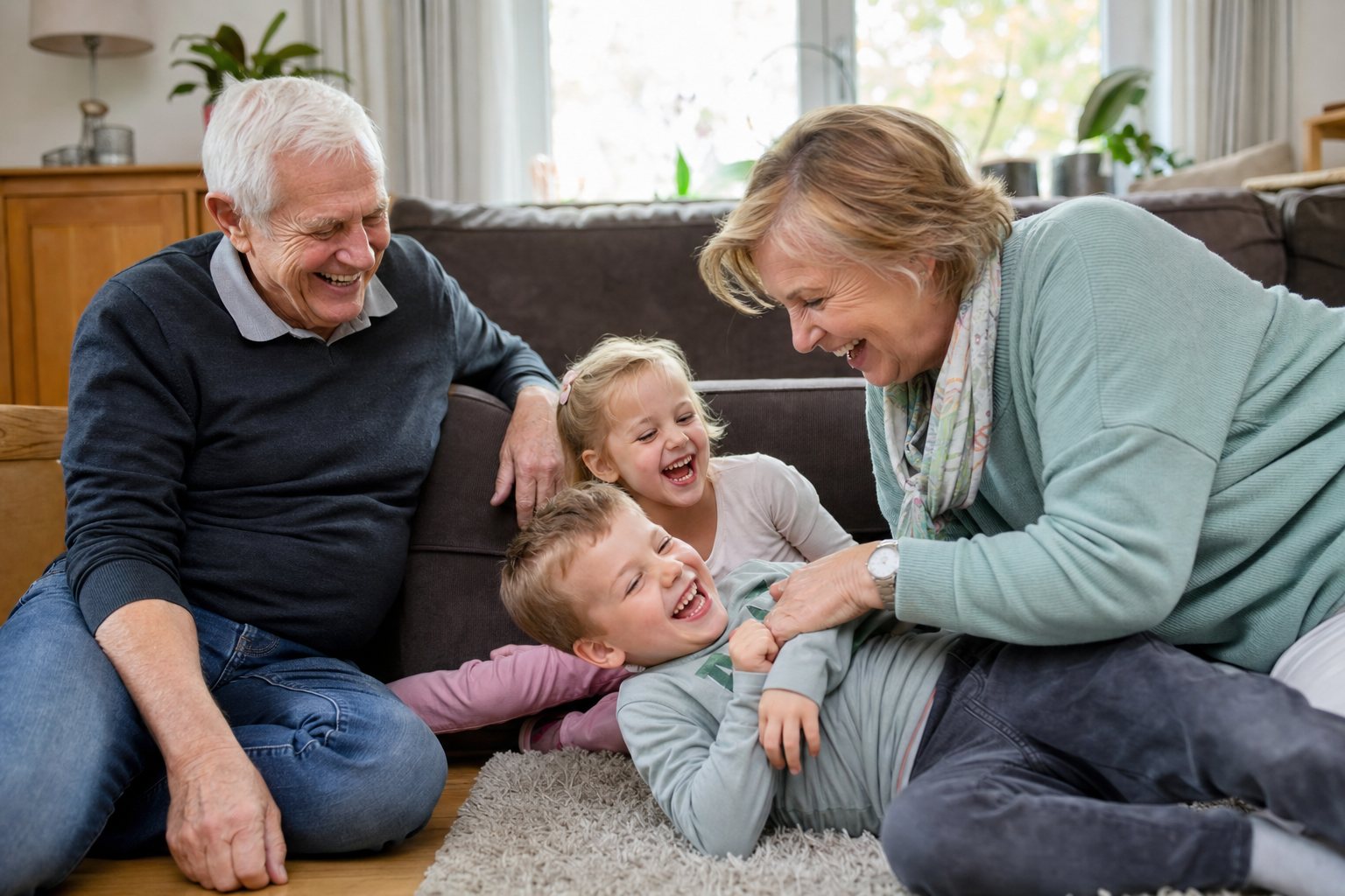 Grosseltern spielen lachend mit Enkelkindern