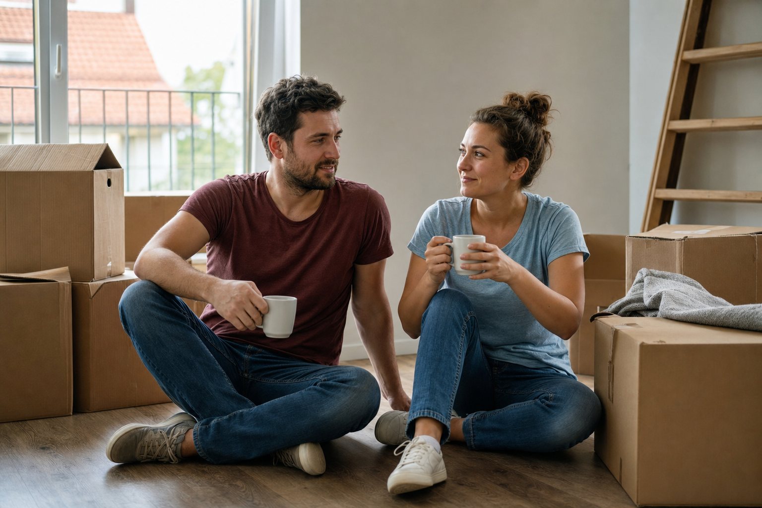 Paar geniesst den ersten Kaffee im neuen Zuhause