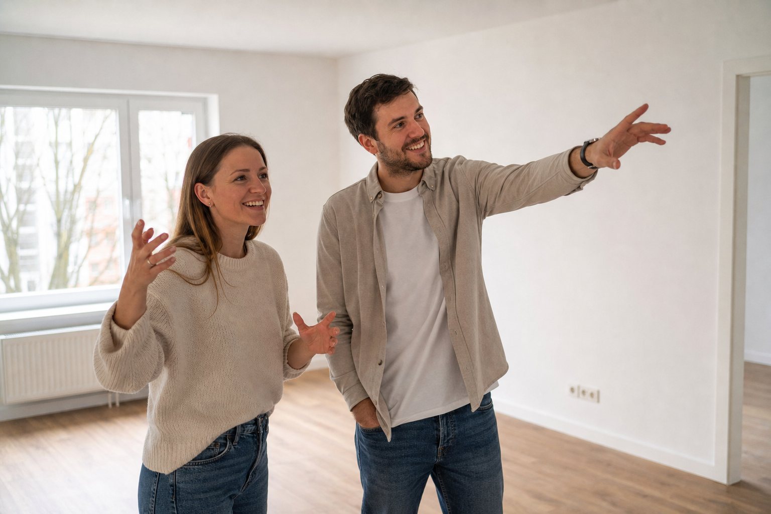 Junges Paar plant begeistert die Einrichtung der neuen Wohnung