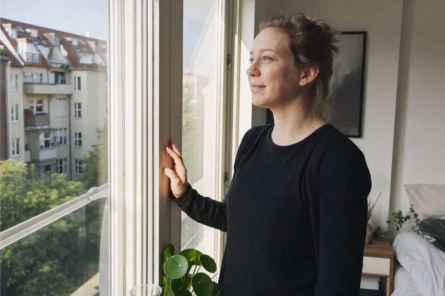 Frau blickt zuversichtlich aus dem Fenster ihrer Wohnung