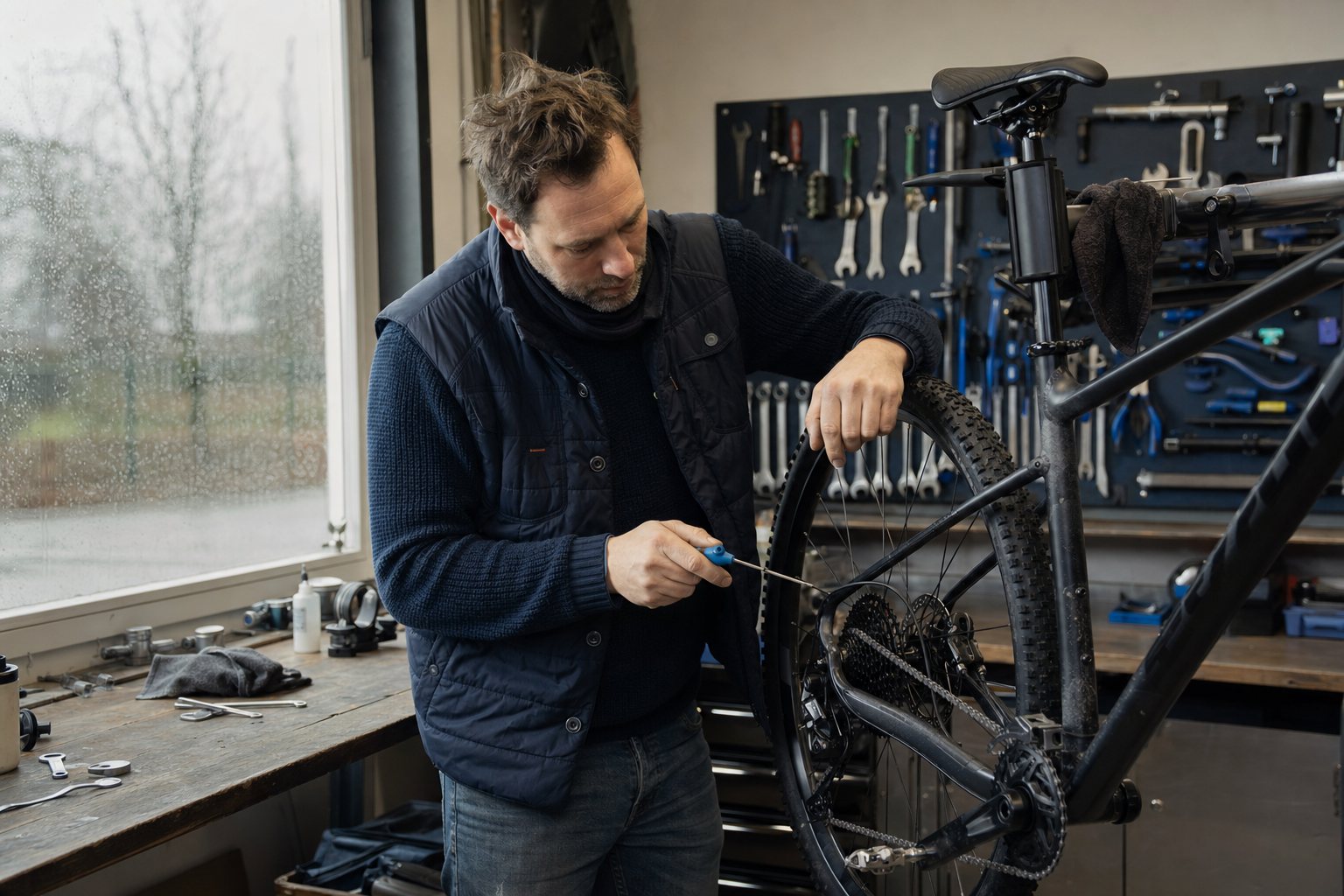 Selbstständiger repariert ein Fahrrad in seinem saisonalen Werkstattbetrieb