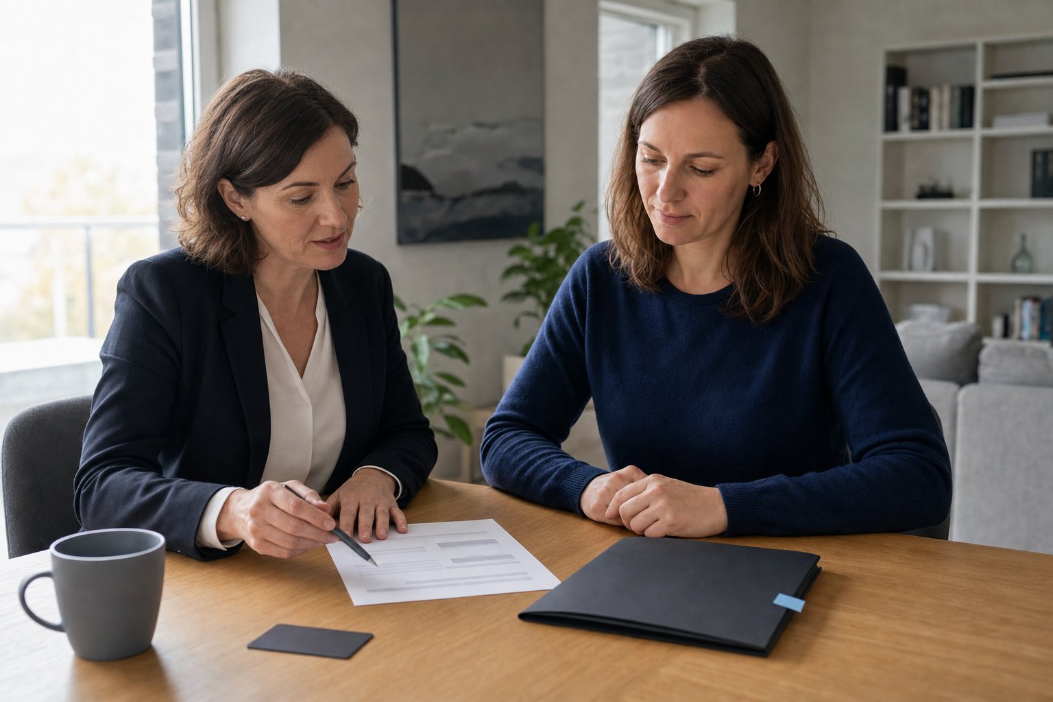 Zwei Frauen besprechen Unterlagen an einem Esstisch
