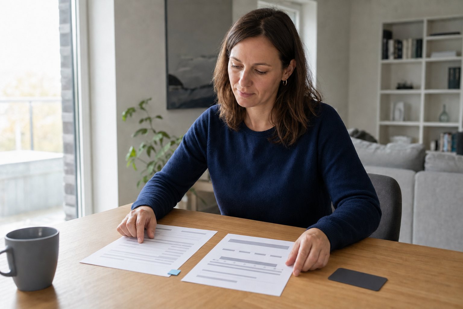Frau vergleicht zwei unleserlich dargestellte Arbeitsblätter am Tisch